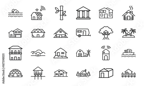 House and Home Outline Icons Set – Cottage, Villa, Cabin, Igloo, Farmhouse, Beach House, Bamboo House, Modern Apartment, Barn, Treehouse, Caravan, Vacation Home, Suburban House, Traditional Building, 