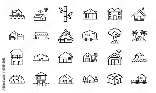 House and Home Outline Icons Set – Cottage, Villa, Cabin, Igloo, Farmhouse, Beach House, Bamboo House, Modern Apartment, Barn, Treehouse, Caravan, Vacation Home, Suburban House, Traditional Building, 