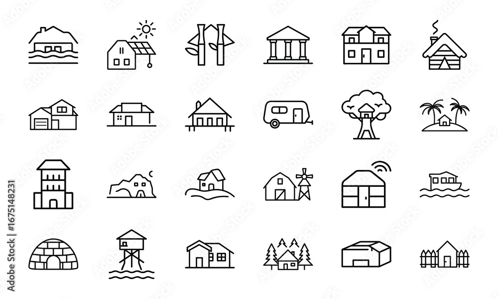 Fototapeta premium House and Home Outline Icons Set – Cottage, Villa, Cabin, Igloo, Farmhouse, Beach House, Bamboo House, Modern Apartment, Barn, Treehouse, Caravan, Vacation Home, Suburban House, Traditional Building,