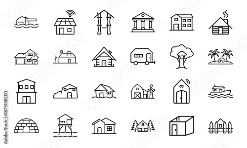 House and Home Outline Icons Set – Cottage, Villa, Cabin, Igloo, Farmhouse, Beach House, Bamboo House, Modern Apartment, Barn, Treehouse, Caravan, Vacation Home, Suburban House, Traditional Building, 