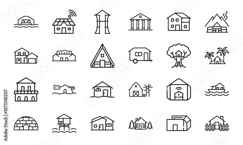 House and Home Outline Icons Set – Cottage, Villa, Cabin, Igloo, Farmhouse, Beach House, Bamboo House, Modern Apartment, Barn, Treehouse, Caravan, Vacation Home, Suburban House, Traditional Building, 