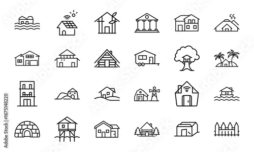 House and Home Outline Icons Set – Cottage, Villa, Cabin, Igloo, Farmhouse, Beach House, Bamboo House, Modern Apartment, Barn, Treehouse, Caravan, Vacation Home, Suburban House, Traditional Building, 