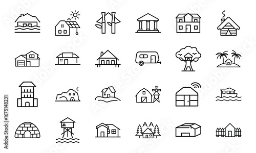 House and Home Outline Icons Set – Cottage, Villa, Cabin, Igloo, Farmhouse, Beach House, Bamboo House, Modern Apartment, Barn, Treehouse, Caravan, Vacation Home, Suburban House, Traditional Building, 