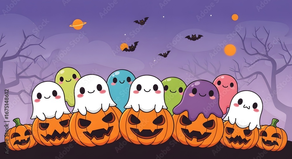 Obraz premium Cute halloween background with ghosts sitting on pumpkins with bats and moon in the night sky, perfect for holiday season and party celebration