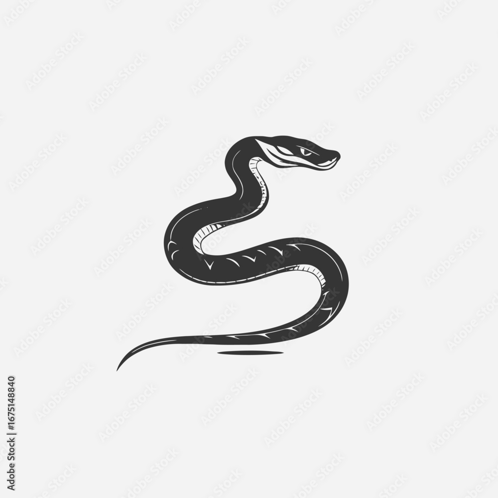 Fototapeta premium Curving venomous serpent illustration on white background with abstract snake silhouette