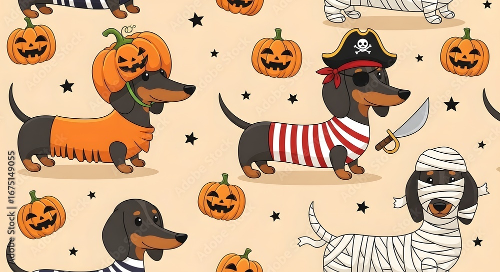 Fototapeta premium Seamless halloween pattern featuring cute dachshunds dressed in various costumes like pumpkin, pirate, and mummy, along with pumpkins and stars on a festive background
