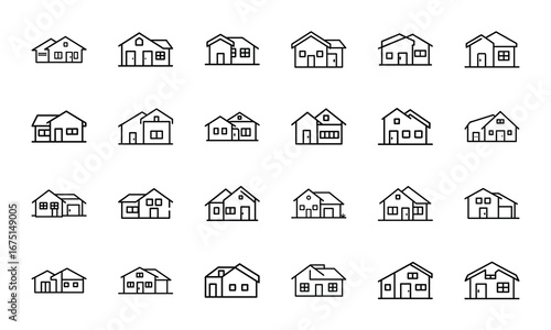 House and Home Outline Icons Set – Cottage, Villa, Cabin, Igloo, Farmhouse, Beach House, Bamboo House, Modern Apartment, Barn, Treehouse, Caravan, Vacation Home, Suburban House, Traditional Building, 