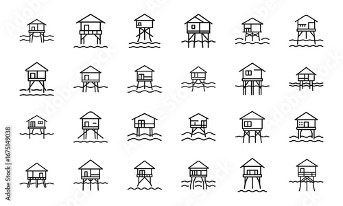 House and Home Outline Icons Set – Cottage, Villa, Cabin, Igloo, Farmhouse, Beach House, Bamboo House, Modern Apartment, Barn, Treehouse, Caravan, Vacation Home, Suburban House, Traditional Building, 