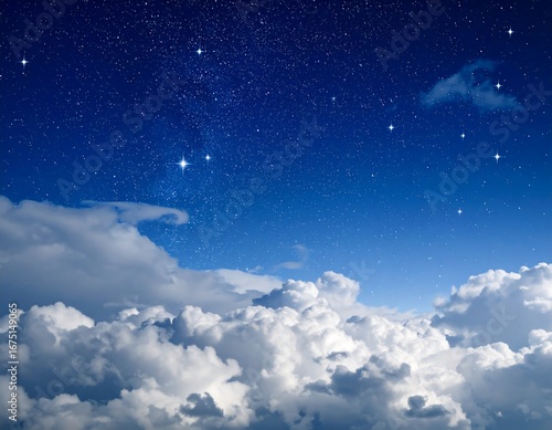 Beautiful night sky with stars and fluffy clouds.