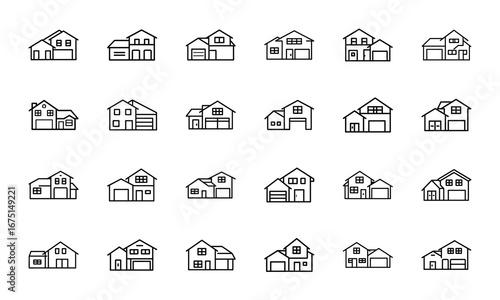 House and Home Outline Icons Set – Cottage, Villa, Cabin, Igloo, Farmhouse, Beach House, Bamboo House, Modern Apartment, Barn, Treehouse, Caravan, Vacation Home, Suburban House, Traditional Building, 