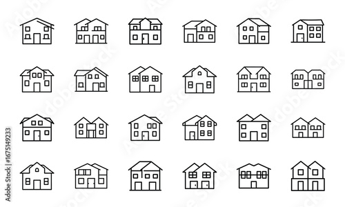 House and Home Outline Icons Set – Cottage, Villa, Cabin, Igloo, Farmhouse, Beach House, Bamboo House, Modern Apartment, Barn, Treehouse, Caravan, Vacation Home, Suburban House, Traditional Building, 