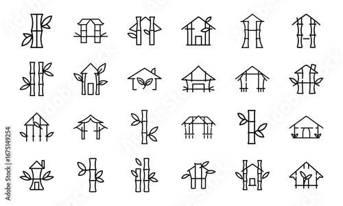 House and Home Outline Icons Set – Cottage, Villa, Cabin, Igloo, Farmhouse, Beach House, Bamboo House, Modern Apartment, Barn, Treehouse, Caravan, Vacation Home, Suburban House, Traditional Building, 