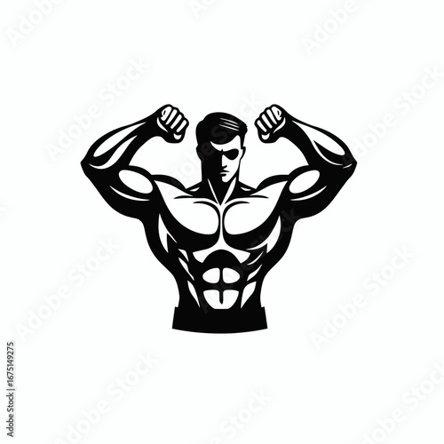 Bodybuilder flexing muscular arms, powerful man doing fitness, strong silhouette