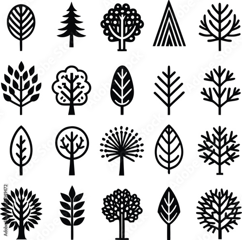 Diverse collection of stylized tree icons featuring various leaf shapes and forest silhouettes for natural themed designs
