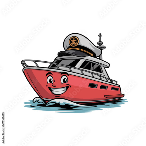 Colorful cartoon-style boat sailing on calm waters with a happy captain wearing a sailor hat