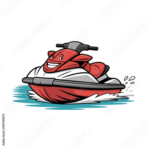 Bright red jet ski gliding across clear blue water on a sunny day in a coastal area