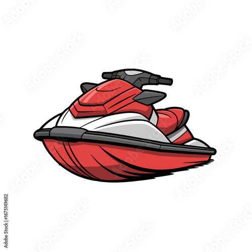 Bright red jet ski gliding across clear blue water on a sunny day in a coastal area
