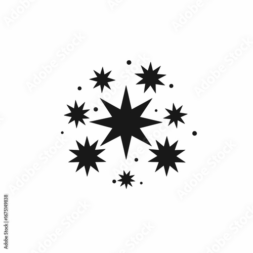 Black starburst and circular confetti simple graphic design vector silhouette