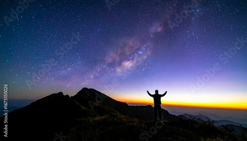 Silhouette of person on mountaintop at night, looking up at Milky Way