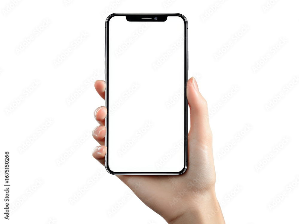 Hand holding smartphone with blank white screen modern technology, Isolated On White Background, Png Transparent
