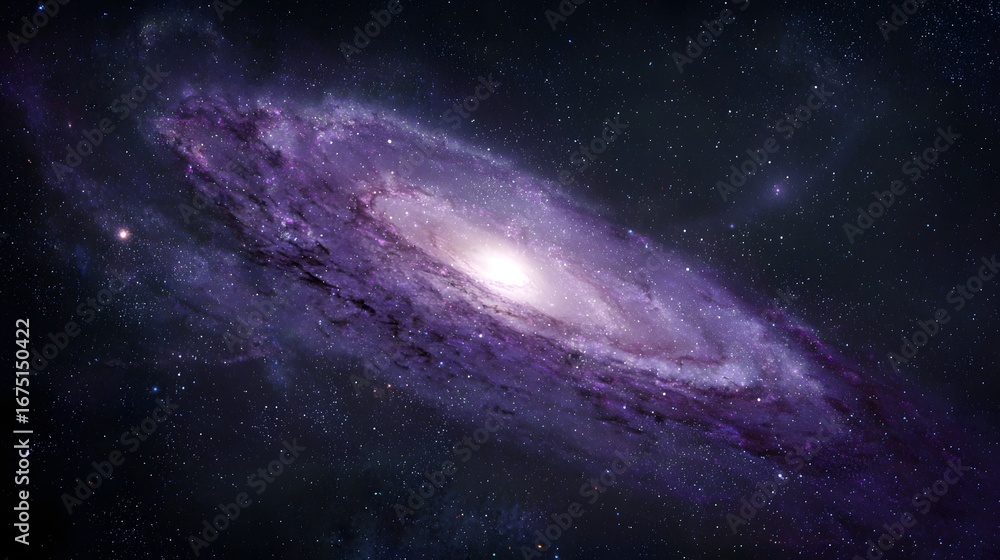 Fototapeta premium A spiral galaxy, bathed in a cosmic violet hue, radiates light across the inky blackness of space.