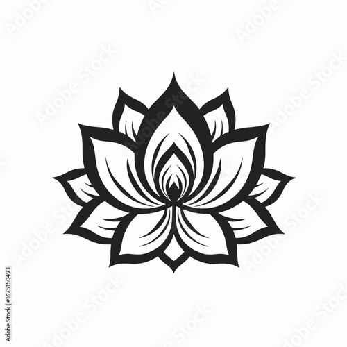 Ornate lotus flower blooming with delicate black detailed vector art silhouette