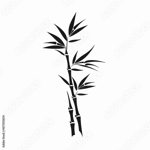 Elegant minimalist bamboo stalk with leaves in stark black silhouette
