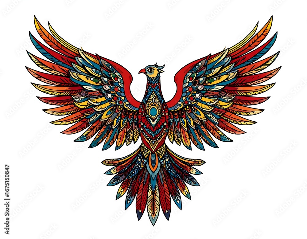 Obraz premium Ornate, multicolored bird with wings spread wide, intricate detailing