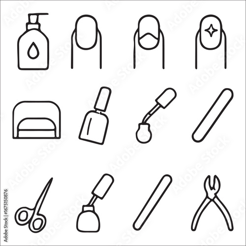Manicure and Pedicure Tools Icons Set in Black Outline for Beauty and Fashion Industry Designs and Marketing Materials