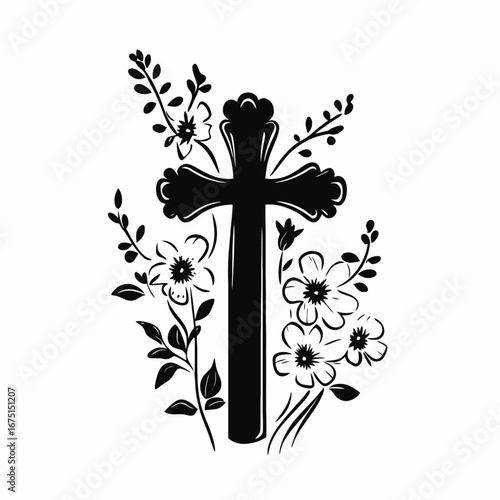 Cross amidst beautiful blossoms, a spiritual and elegant flower silhouette