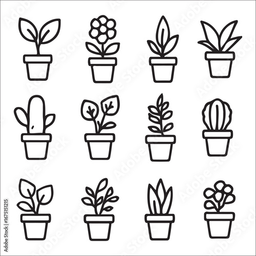 Assortment of potted plant icons minimalist botanical vector illustration clean line art design for creative projects and garden themes