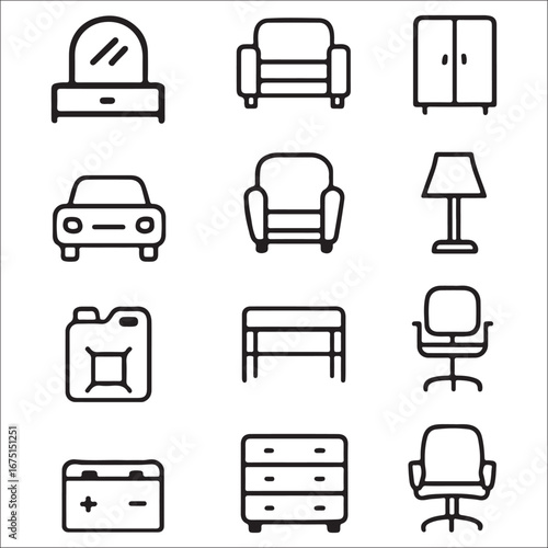 Assorted furniture and utility items icons on white background representing various household elements and automotive supplies in simple outline style