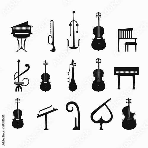 Orchestral instruments arrangement with music stands and chairs forming a silhouette