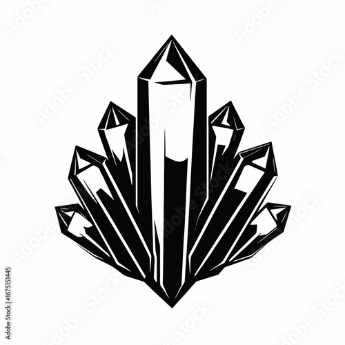 Striking black crystal formation isolated against white background silhouette