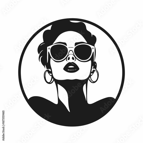 Chic woman with sunglasses and hoop earrings graphical black silhouette