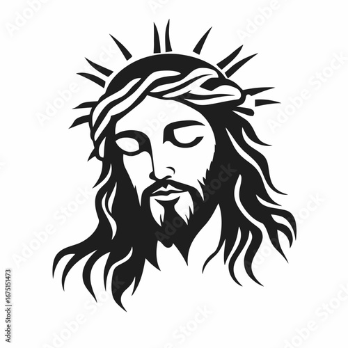 Christ’s somber visage rendered in striking monochromatic vector art silhouette