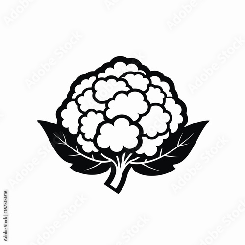 Organic cauliflower with leaves simple vector graphic bold black silhouette