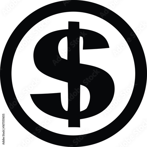 Iconic black and white dollar sign symbol inside a circle representing finance currency wealth and business transactions