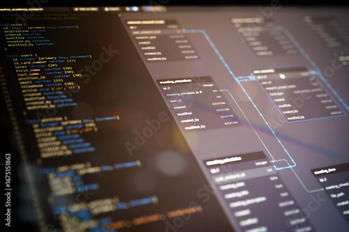 Blurred close-up of SQL database structure with source code and ER diagram on screen, showcasing back-end data architecture for software engineering and enterprise-level applications.