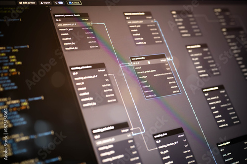 Detailed view of entity relationship diagram (ERD) with SQL code on a computer screen, illustrating database relationships and system structure for backend software architecture projects.