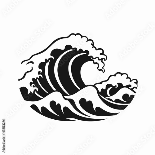 Dramatic ocean wave cresting, beautiful stormy sea, monochrome vector silhouette