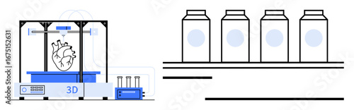 3D printer creating a human heart model beside three sterile storage containers on a shelf. Ideal for medical innovation, organ donation, biotechnology, healthcare, research, anatomy, flat simple