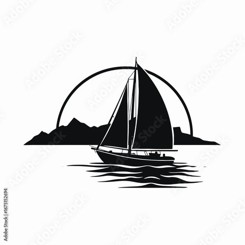 Serene sailing adventure with mountainous backdrop in minimalist vector design silhouette