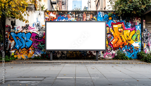A blank billboard stands prominently in front of a vibrant, graffiti-covered wall, set against an urban backdrop with hints of foliage.
