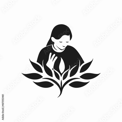 Woman surrounded by leaves, symbol of hope, praying silhouette