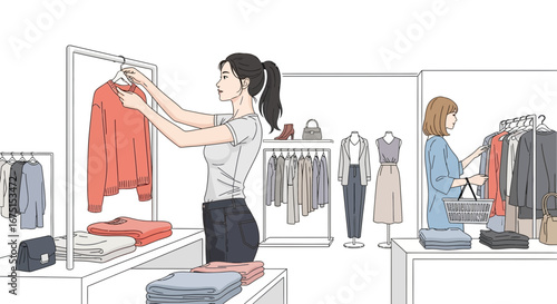 Young women browse through clothing in an aesthetically pleasing boutique