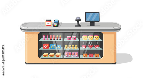 A cashier counter filled with various confectionery, cosmetics, and toys