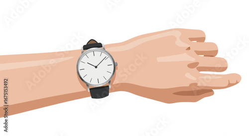 A simplistic illustration of a wrist watch adorning a human hand