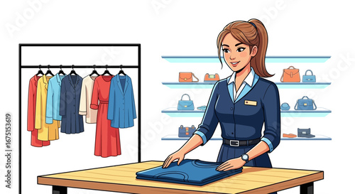 Charming Saleswoman Arranging Apparel in a Stylish Fashion Boutique Setting