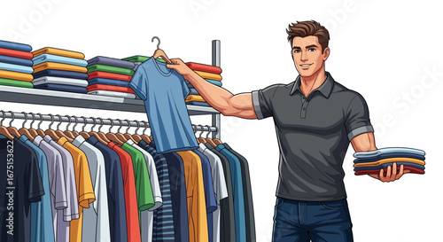 Cartoon illustration of a man choosing t-shirts in a clothing store